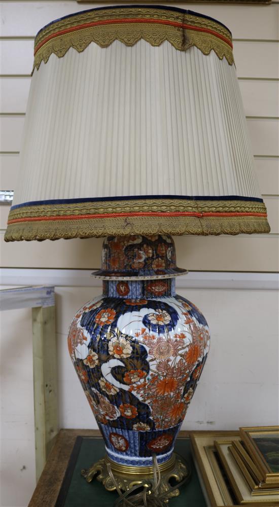 A large brass mounted Imari vase table lamp, overall height incl. shade 35in.